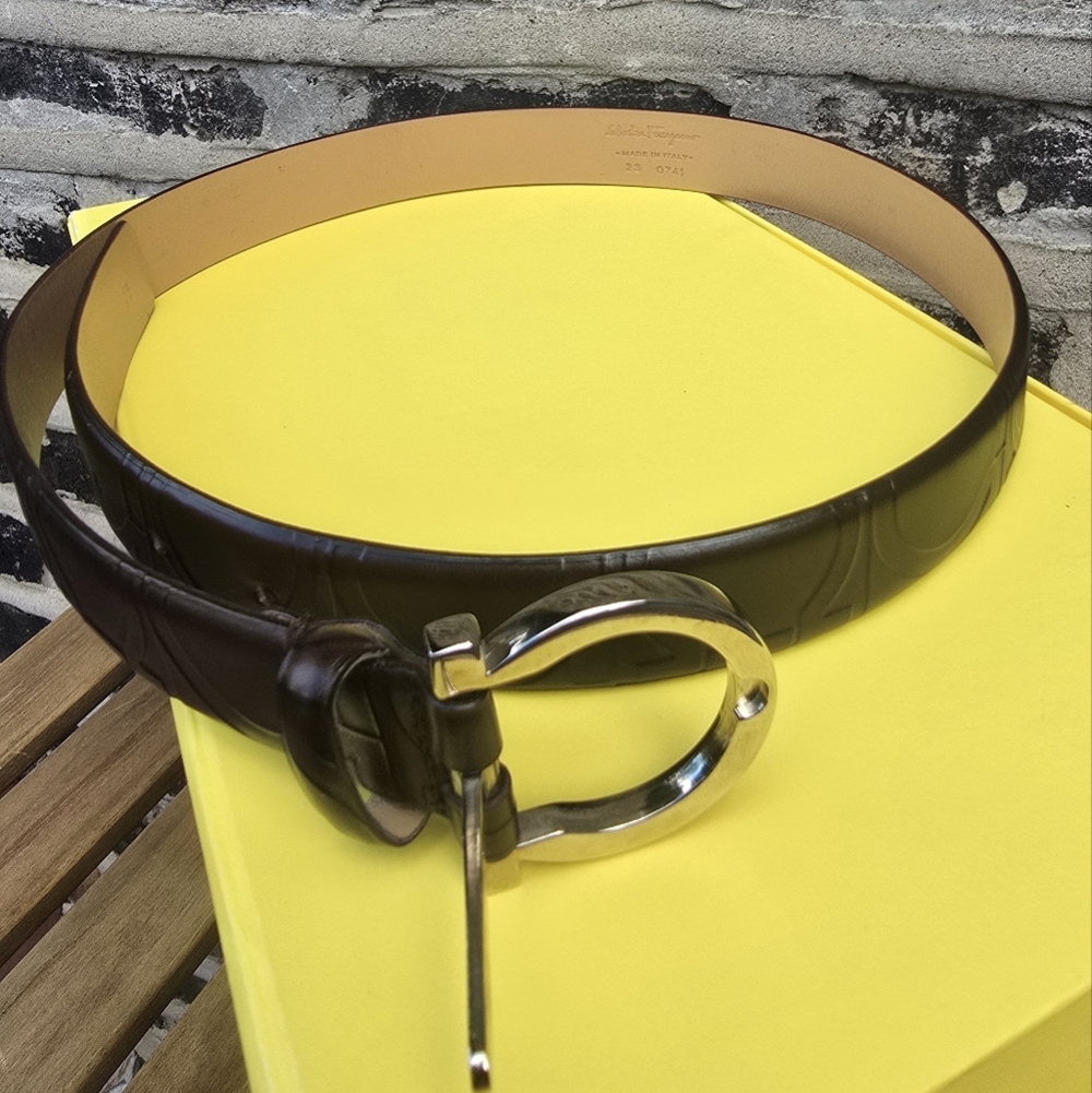 Salvatore Ferragamo Brown Leather Belt with Silver Buckle